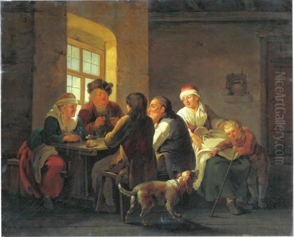 A Family Lunching in a Tavern Oil Painting by Georg Melchior Kraus