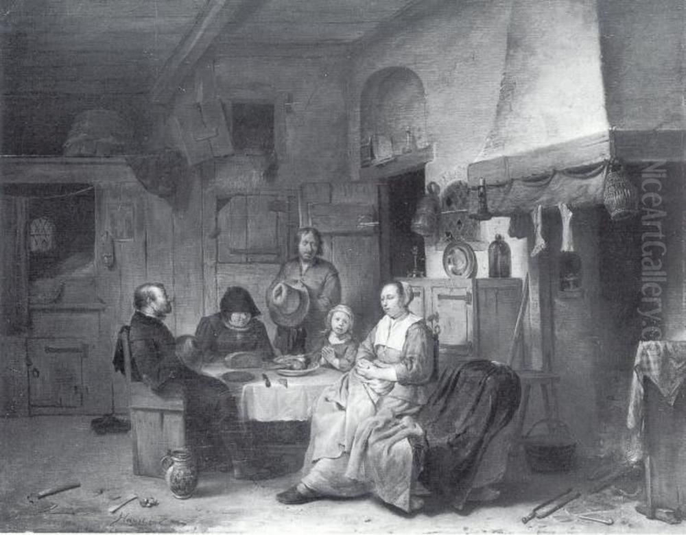 A Family Praying at the Midday Meal Oil Painting by Egbert Van Heemskerck