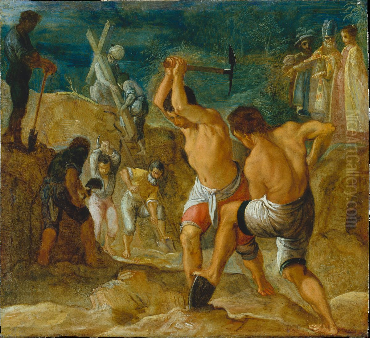 The Frankfurt Altarpiece of the Exaltation of the True Cross:
The Digging for the Cross (bottom middle left) Oil Painting by Adam Elsheimer