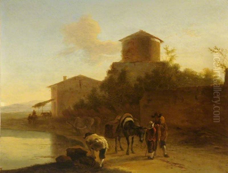 Landscape with a Tower and Figures by a Lake Oil Painting by Jan Both