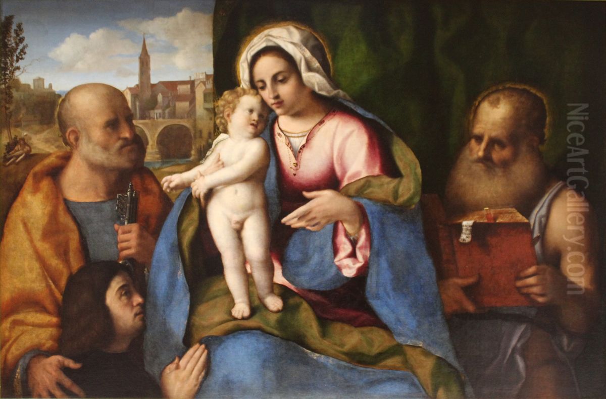 La Vierge, l'Enfant Jesus, Saint Pierre, Saint Jerome et un donateur - Musee Conde Oil Painting by Palma Vecchio