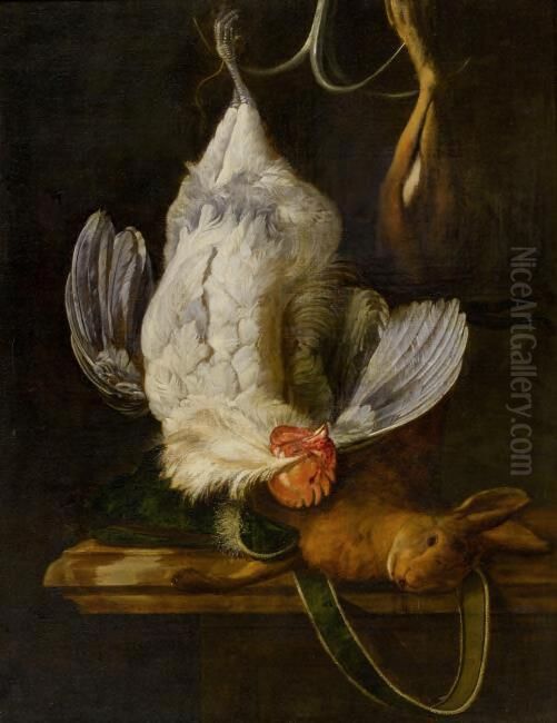 Still-life with a white cock and a hare Oil Painting by Hendrick Fromantiou
