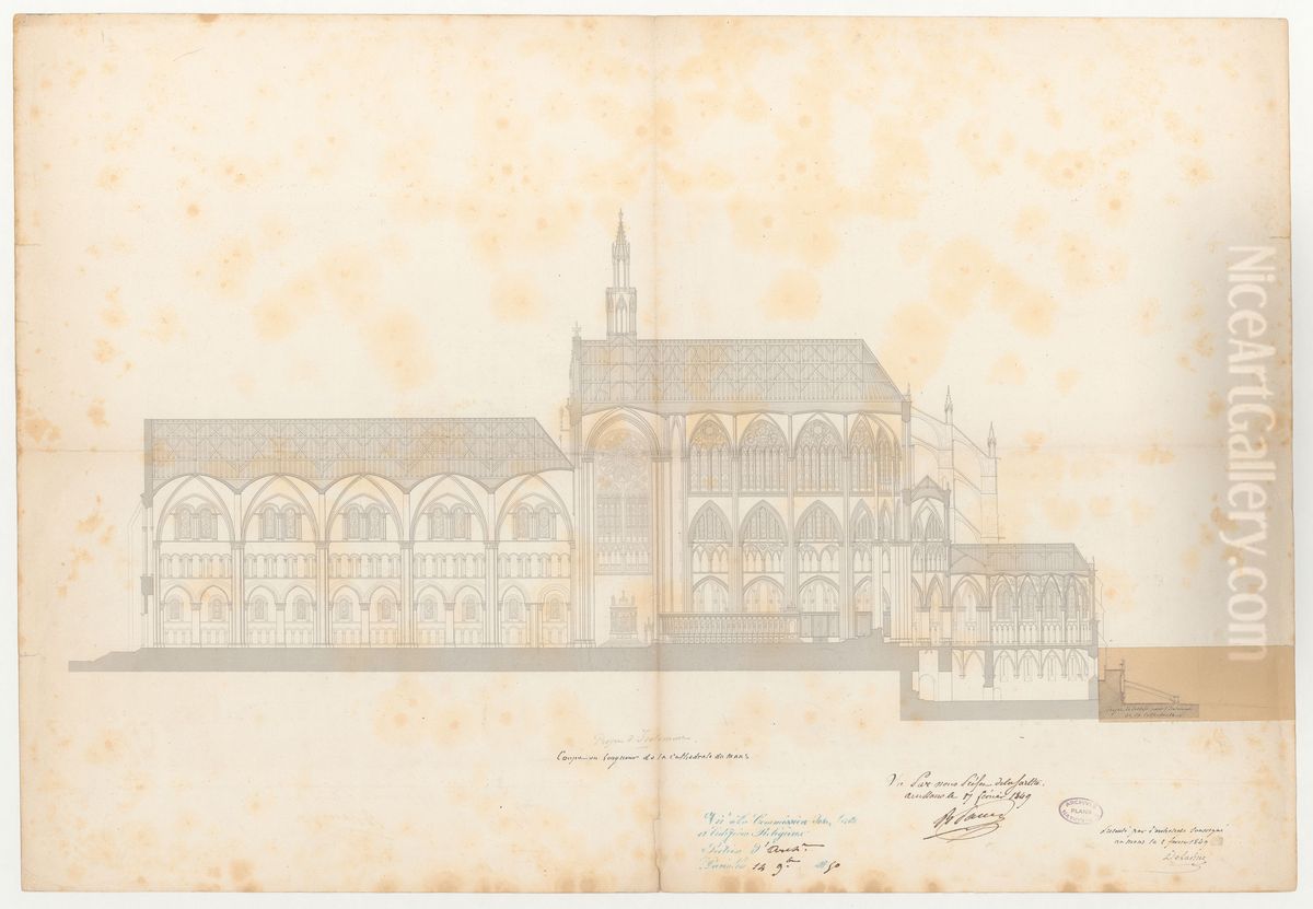 coupe en longueur de la cathedrale du Mans (1849) Oil Painting by Pierre-Felix Delarue