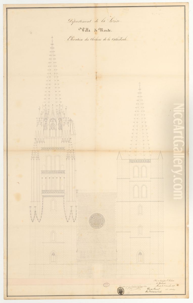 Elevation des clochers de la cathedrale de Mende 1837 Oil Painting by Aymon Mallay