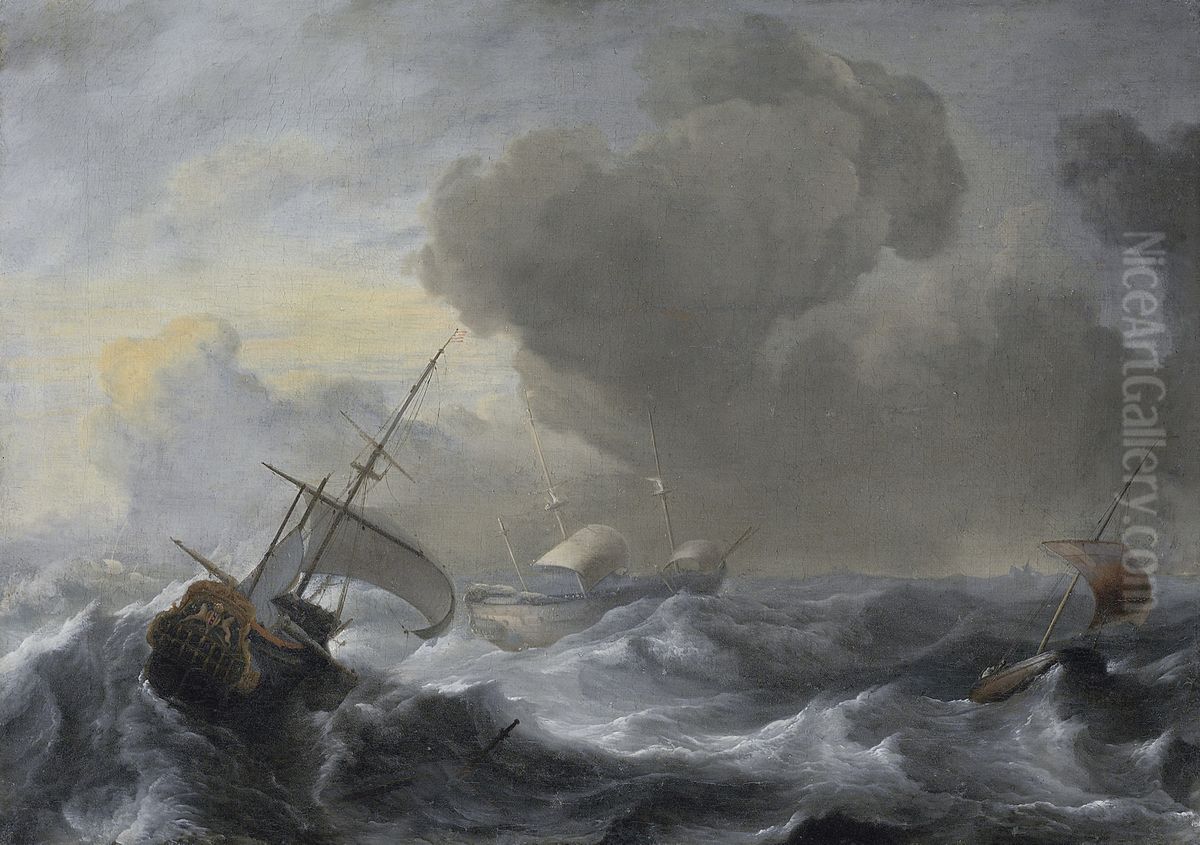 A threemaster with the Amsterdam coat-of-arms, with other vessels, in a storm Oil Painting by Ludolf Bakhuizen