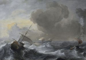 A threemaster with the Amsterdam coat-of-arms, with other vessels, in a storm