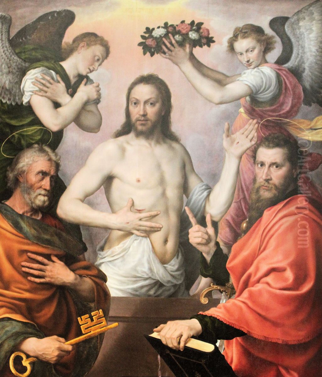 Jesus Christ ressuscite entoure de saint Pierre, saint Paul et deux anges Oil Painting by Antonis Mor