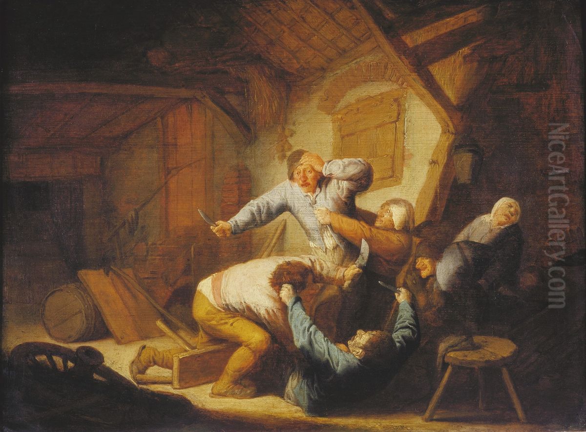 Vechtend boerengezelschap Oil Painting by Adriaen van Ostade