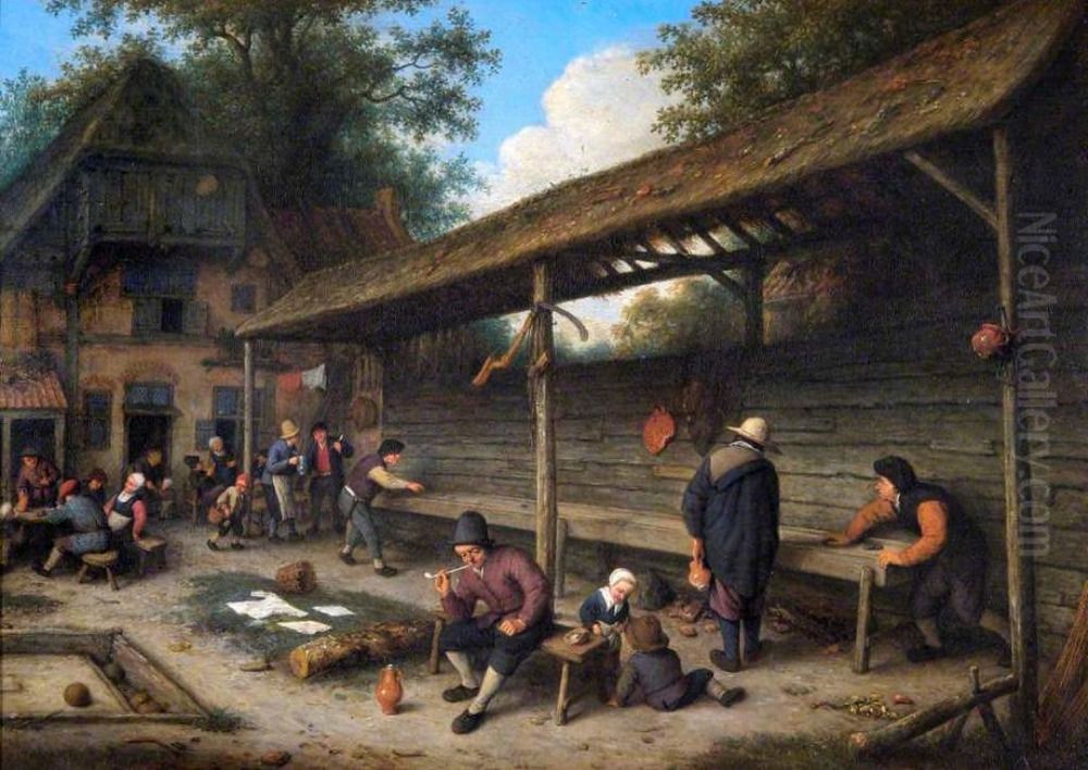 The courtyard of an inn with a game of shuffleboard Oil Painting by Adriaen van Ostade