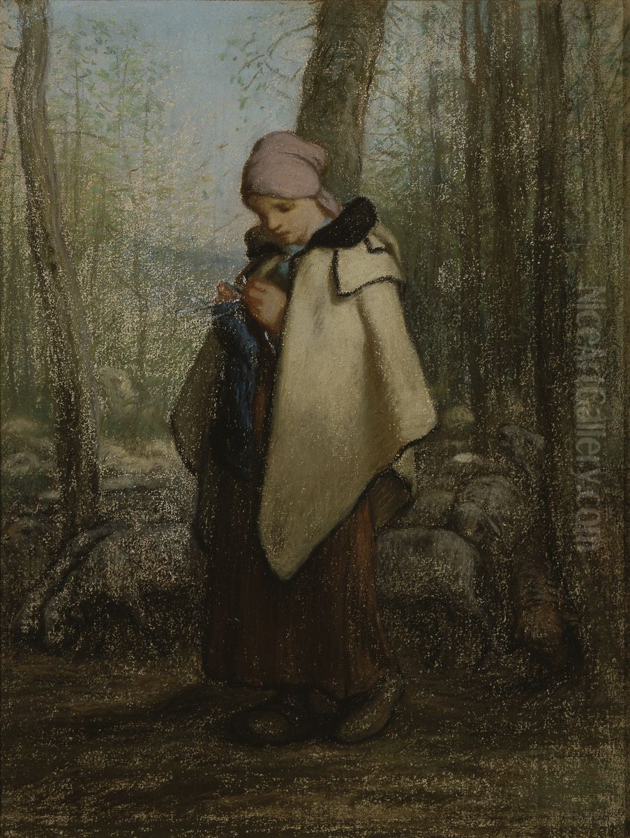 The Knitting Shepherdess Oil Painting by Jean-Francois Millet