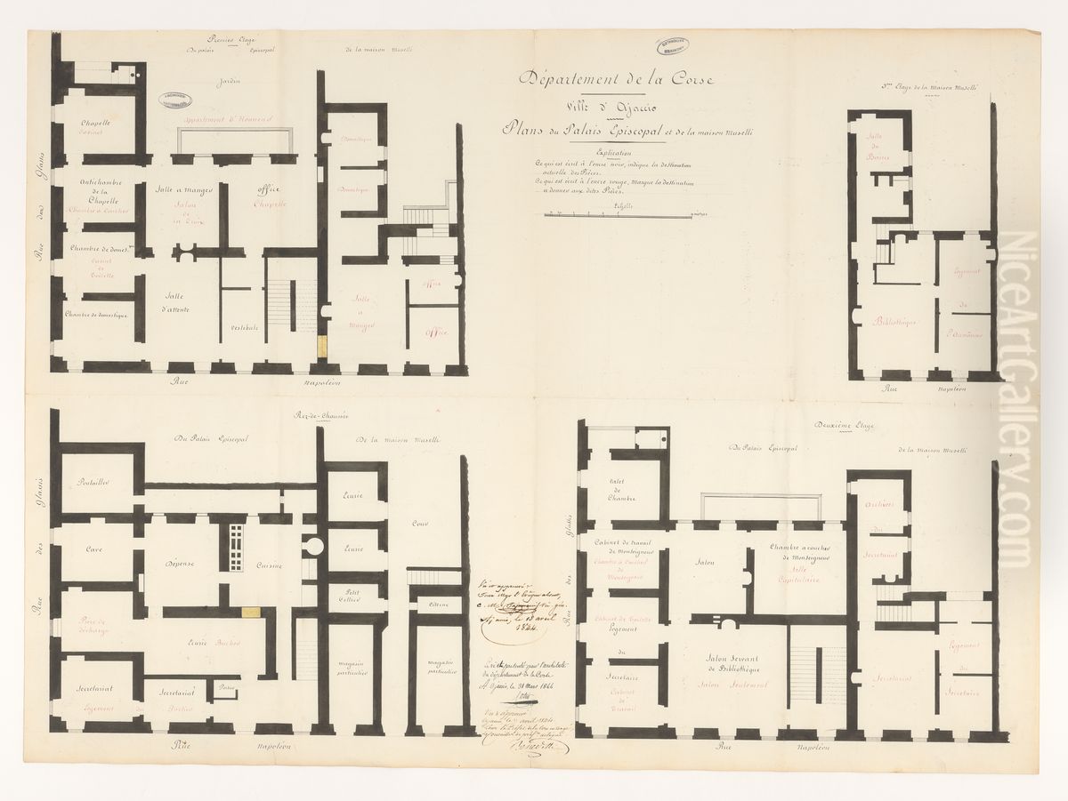 Plan du palais episcopal d'Ajaccio et de la maison Muselli Oil Painting by Cottin