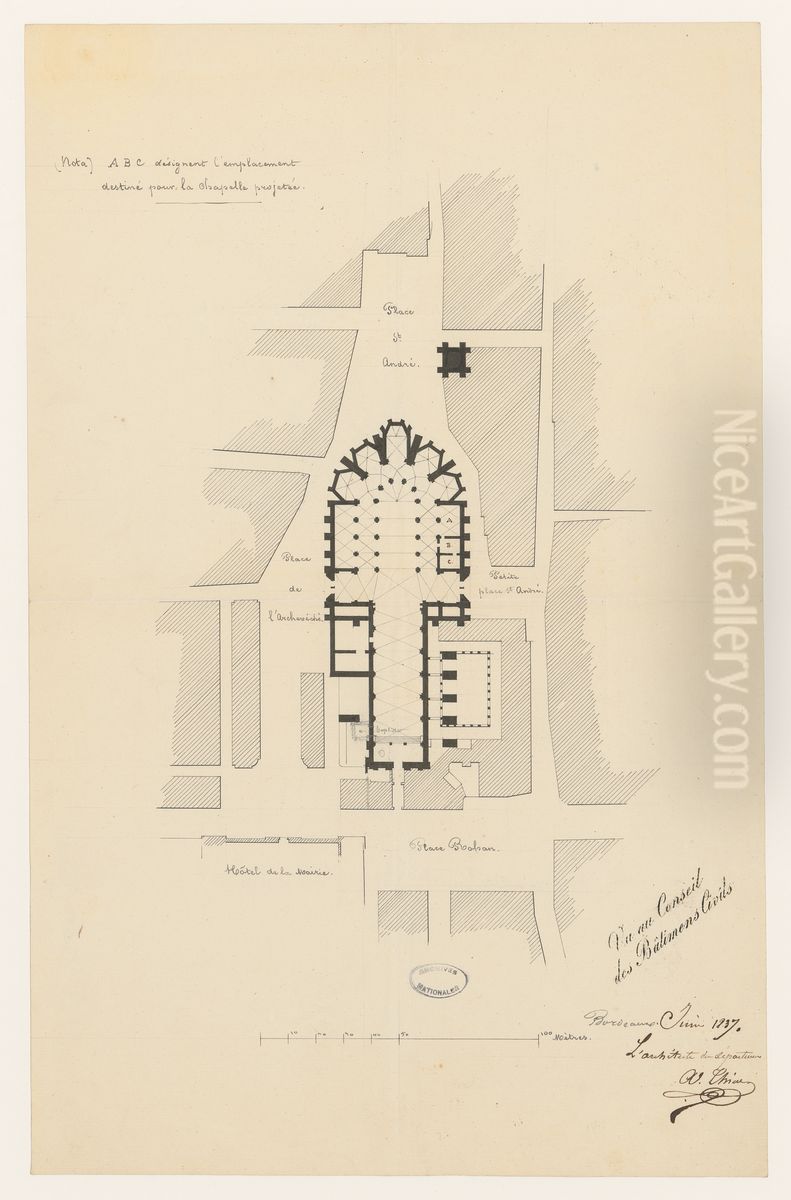 Plan de la cathedrale de Bordeaux et de ses abords Oil Painting by Joseph-Adolphe Thiac