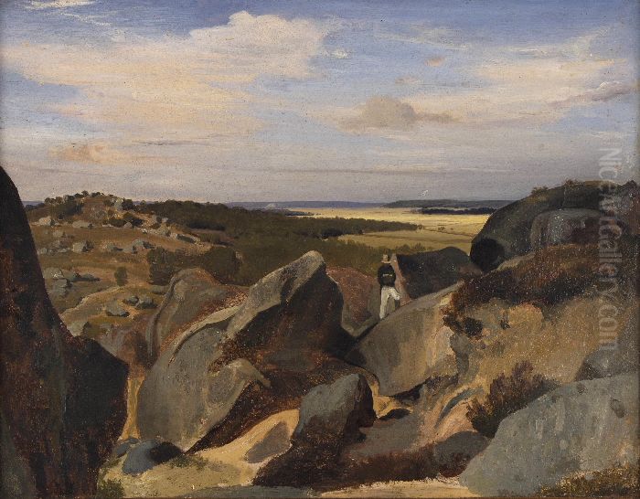 Artiste passant dans un chaos de rochers a Fontainebleau Oil Painting by Jean-Baptiste Camille Corot