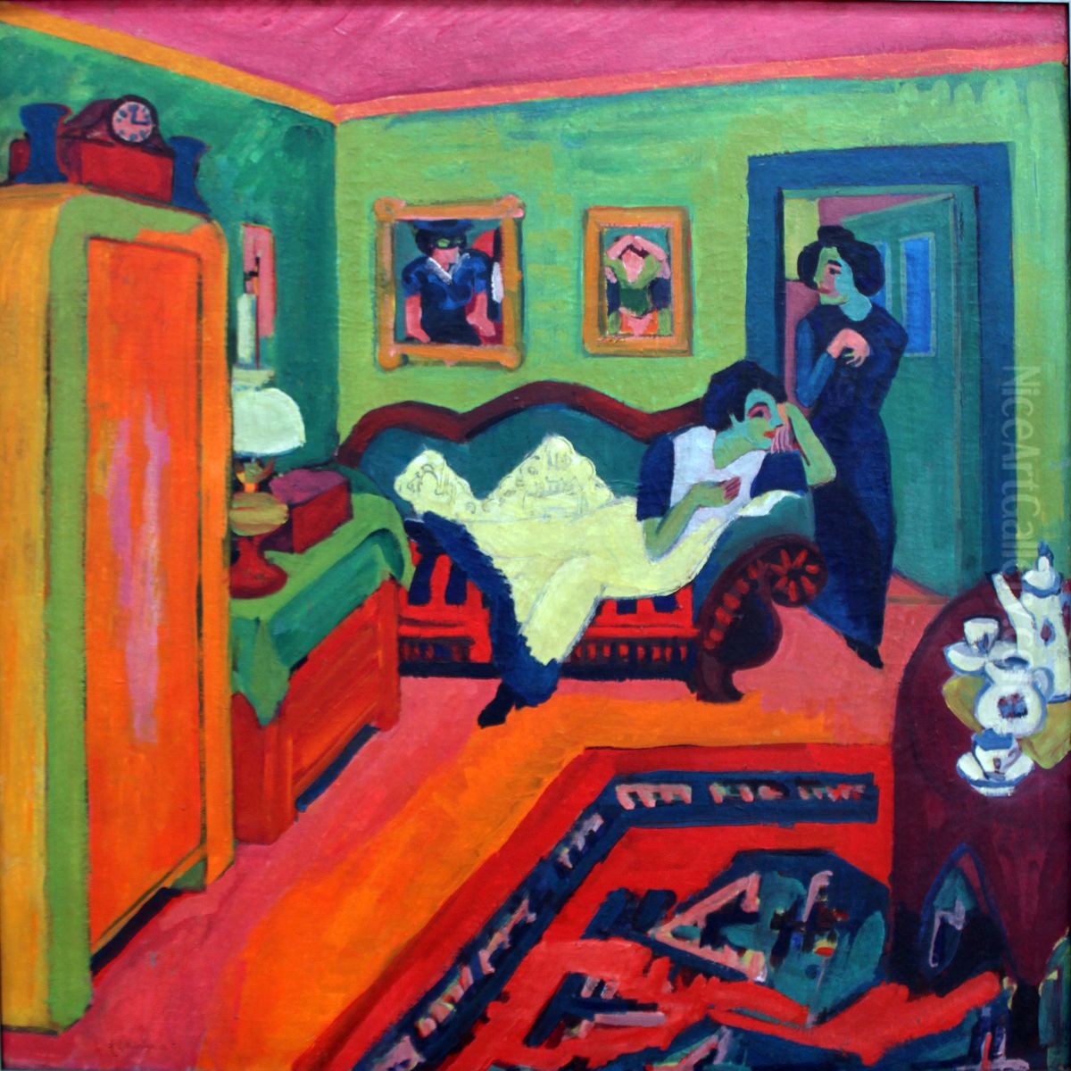 Interieur mit zwei Madchen (Wohnzimmer) Oil Painting by Ernst Ludwig Kirchner