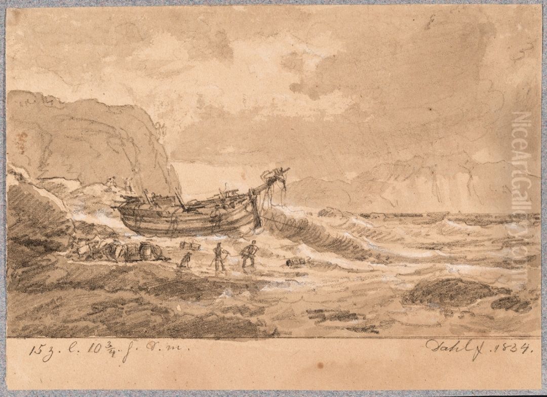 Stranded Ship Oil Painting by Johan Wilhelm Ludwig Dahl