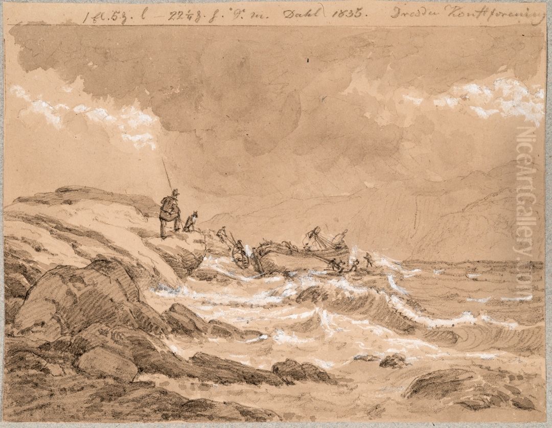 Stranded Ship Oil Painting by Johan Wilhelm Ludwig Dahl