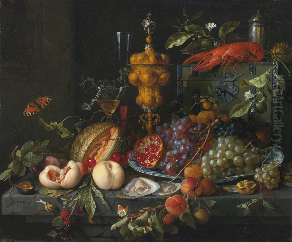 A still life upon a hard-stone table in front of a stone wall Oil Painting by Jan Davidsz. De Heem