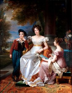 Portrait de la comtesse du Cayla avec ses enfants Ugoline et Ugolin sur la terrasse du chateau de Saint-Ouen