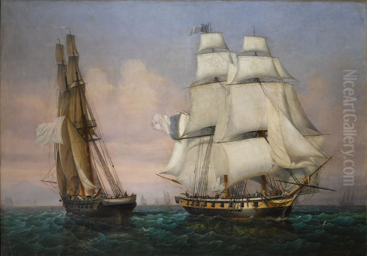 Retour del'ile d'Elbe, 28 fevrier 1815; rencontre du brickl'Inconstantavec le brickle Zephir. Oil Painting by Ambroise-Louis Garneray