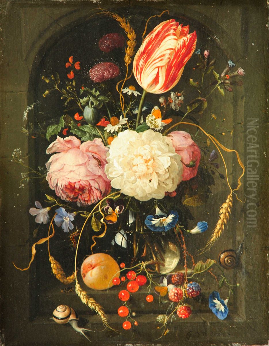 Still Life of Flowers in Glass Vase in Stone Niche Oil Painting by Jan Davidsz. De Heem