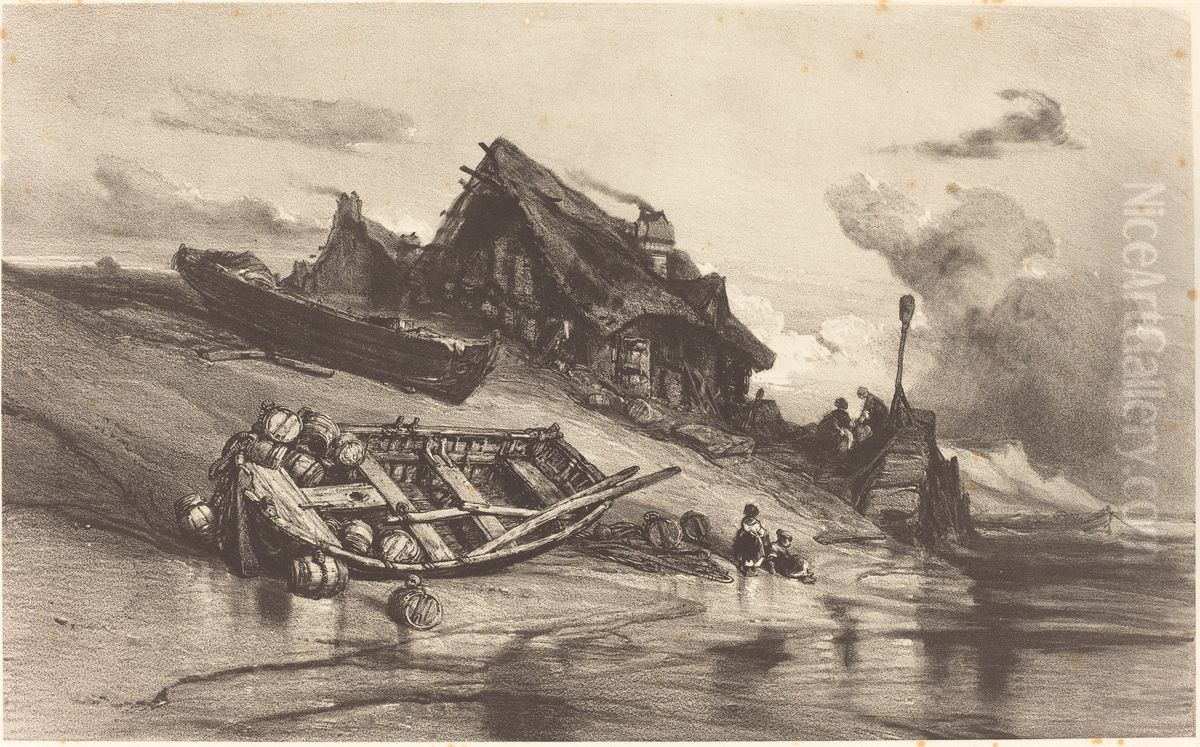 Chaumieres de pecheurs Oil Painting by Eugene Isabey