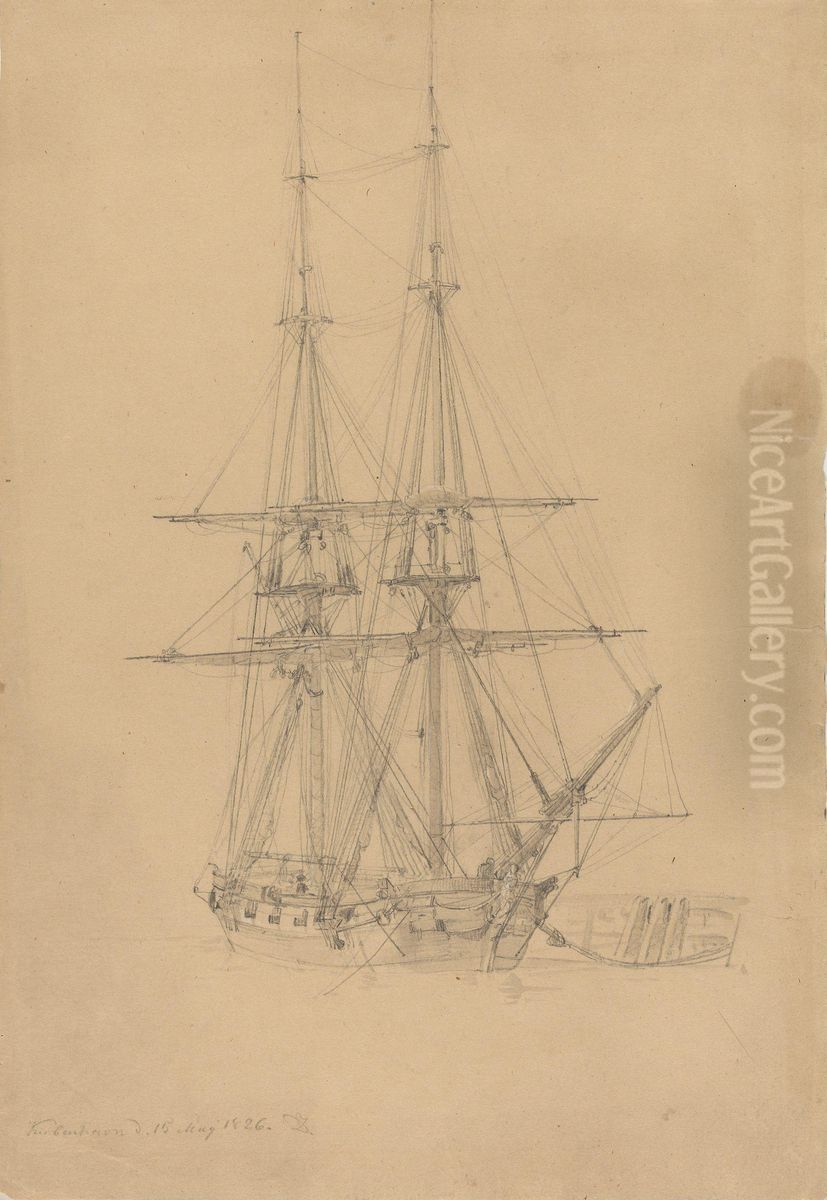 Seilskute ved kai, Kobenhavn Oil Painting by Johan Wilhelm Ludwig Dahl