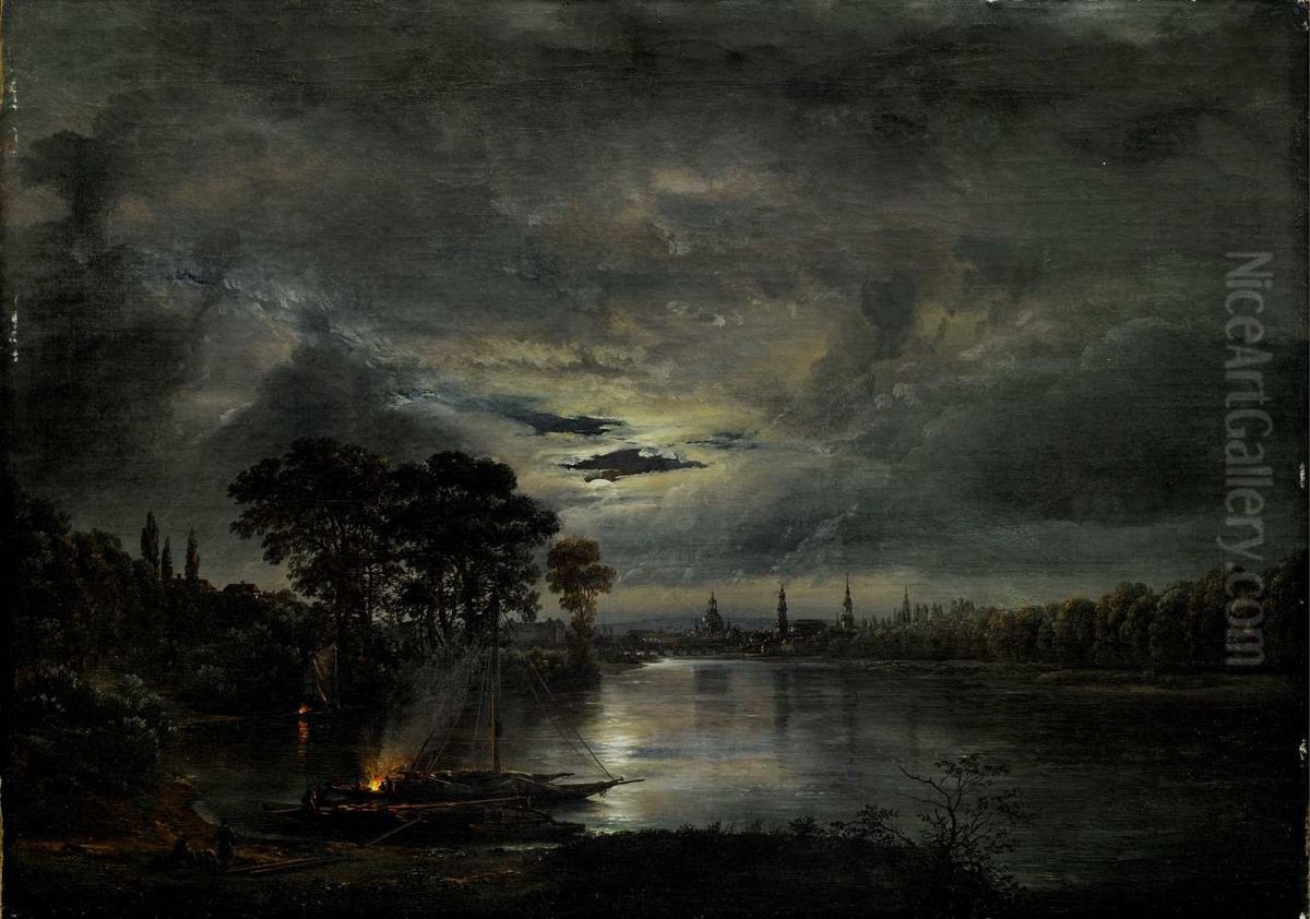Dresden in the Moonlight Oil Painting by Johan Wilhelm Ludwig Dahl