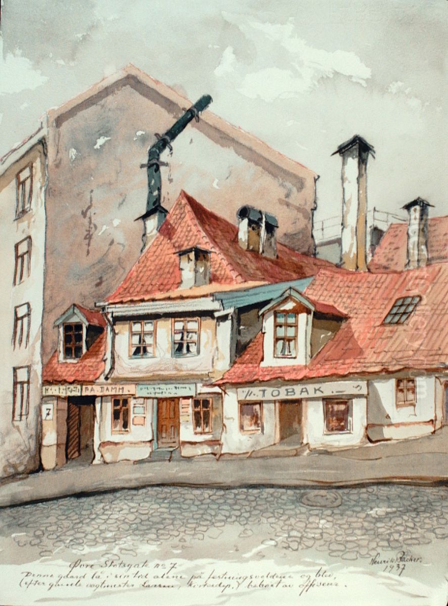 Ovre Slottsgate No 7 / Denne gaard la i sin tid alene pa festningsvoldene og blev (efter gamle vagtmester Larsen, Kirkedep), beboet av offiserer. Oil Painting by Henrik Backer