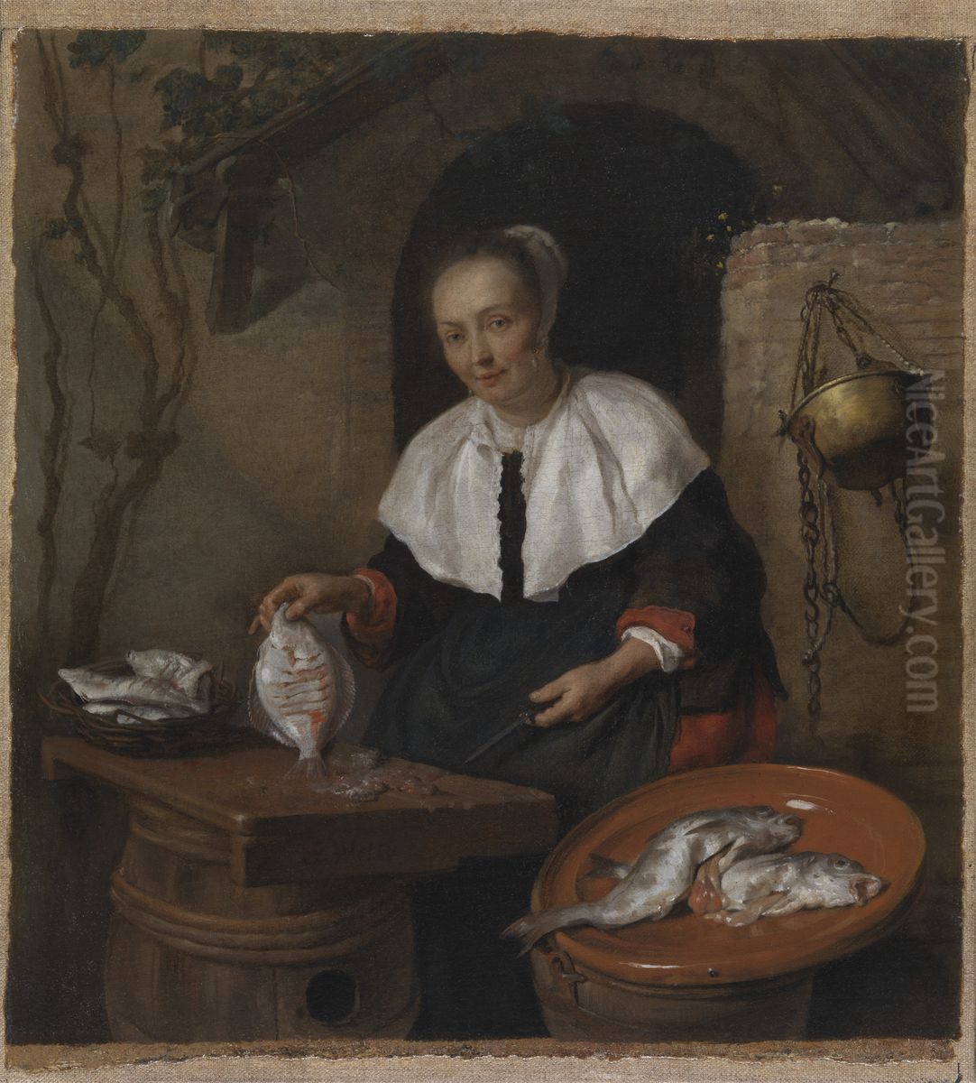 Woman Cleaning Fish Oil Painting by Gabriel Metsu