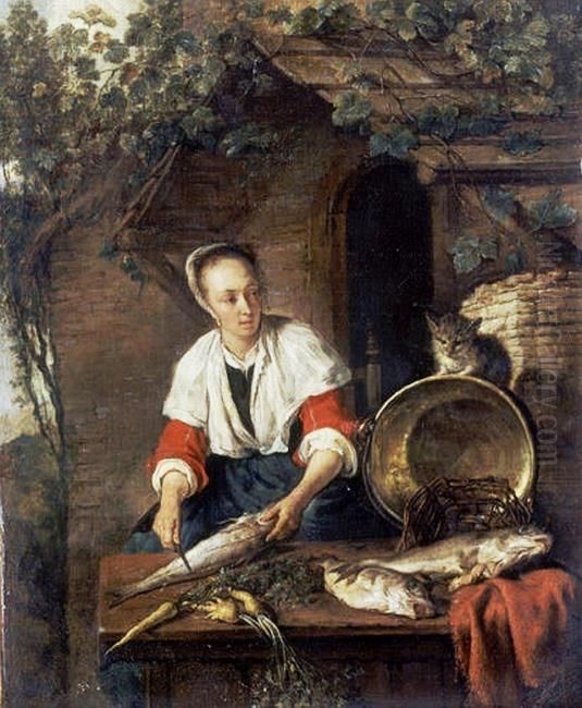 A young woman cleaning fish while a cat looks on Oil Painting by Gabriel Metsu