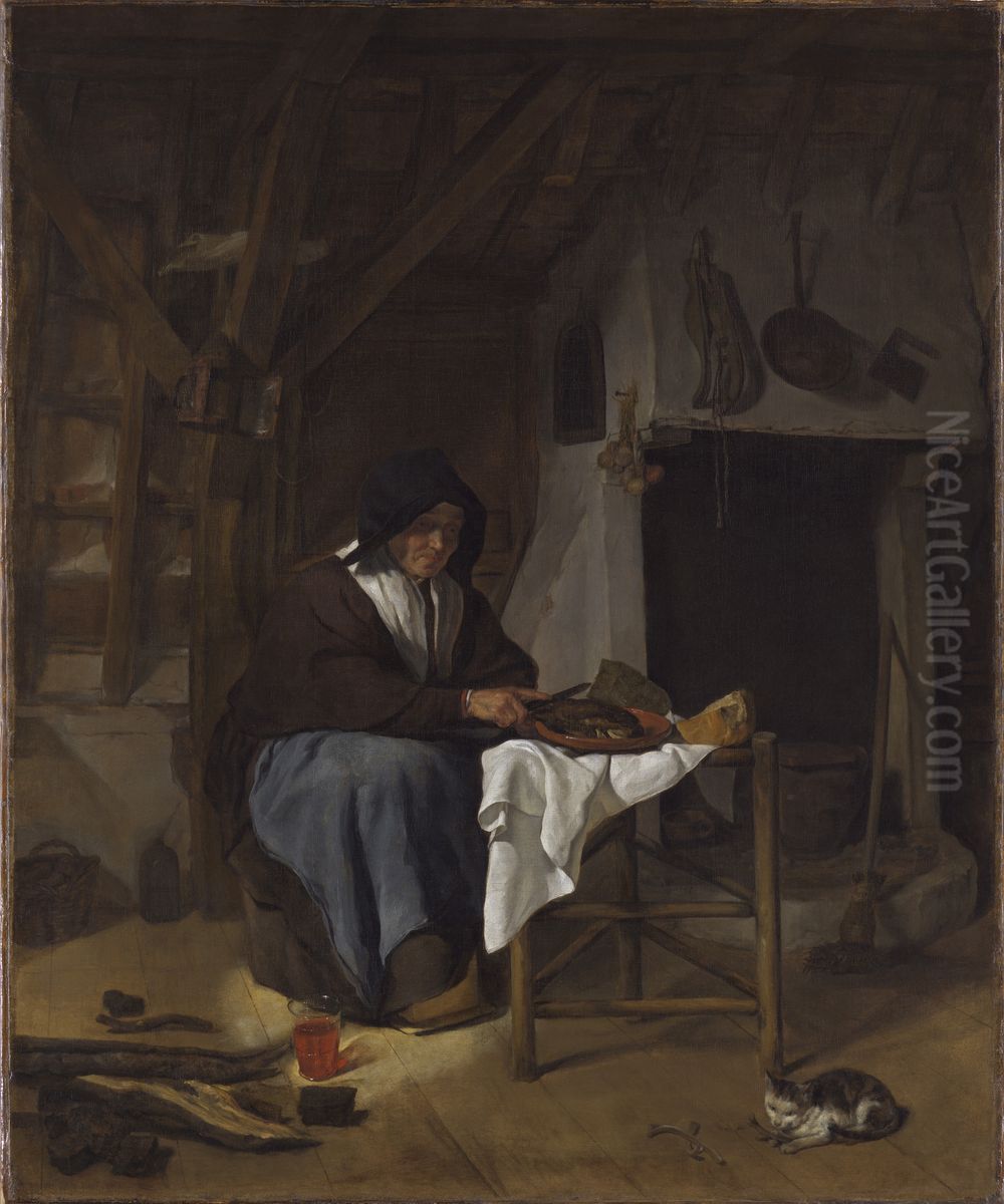 Old Woman at Her Meal in an Interior Oil Painting by Gabriel Metsu