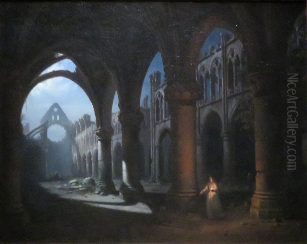 Interieur d'une abbaye en ruine Oil Painting by Hippolyte Sebron