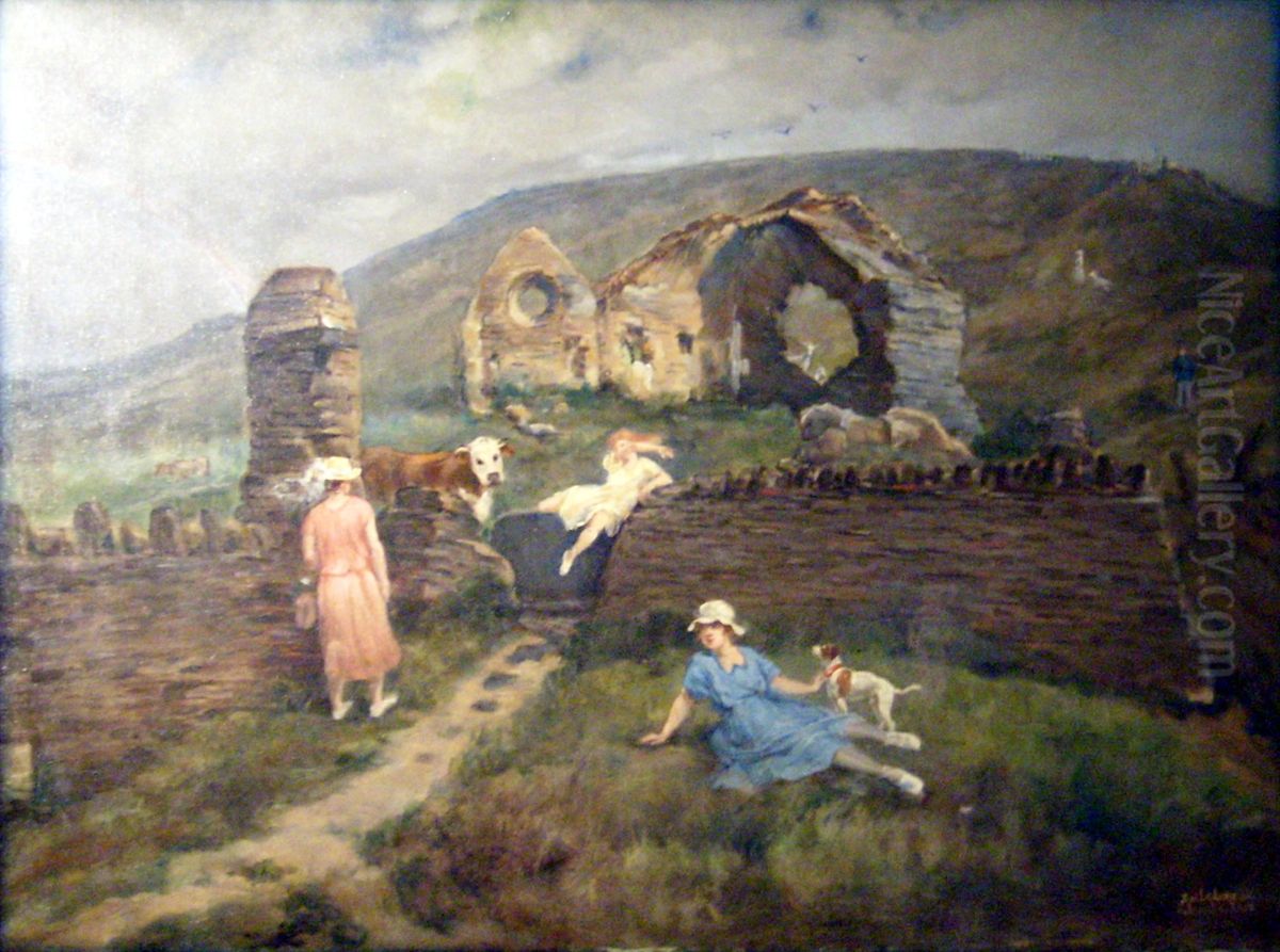 Carteret, Young Women at the Old Saint-Germain Church Oil Painting by Adolphe Lalyre