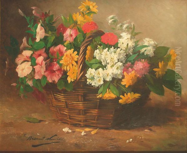 A still life of flowers in a basket Oil Painting by Alfred-Arthur Brunel de Neuville