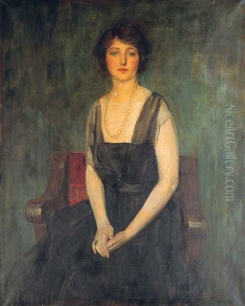 Portrait of Dorothy Duveen seated on a red chair Oil Painting by Ambrose McEvoy