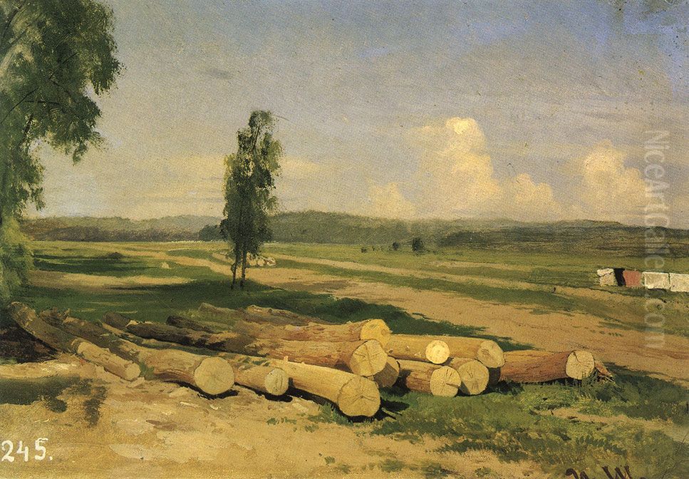 Logs. The Village of Konstantinovka near Krasnoye Selo. Study Oil Painting by Ivan Shishkin