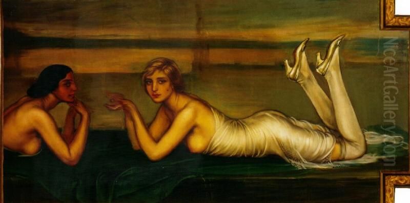 Mujeres sobre manton Oil Painting by Julio Romero De Torres