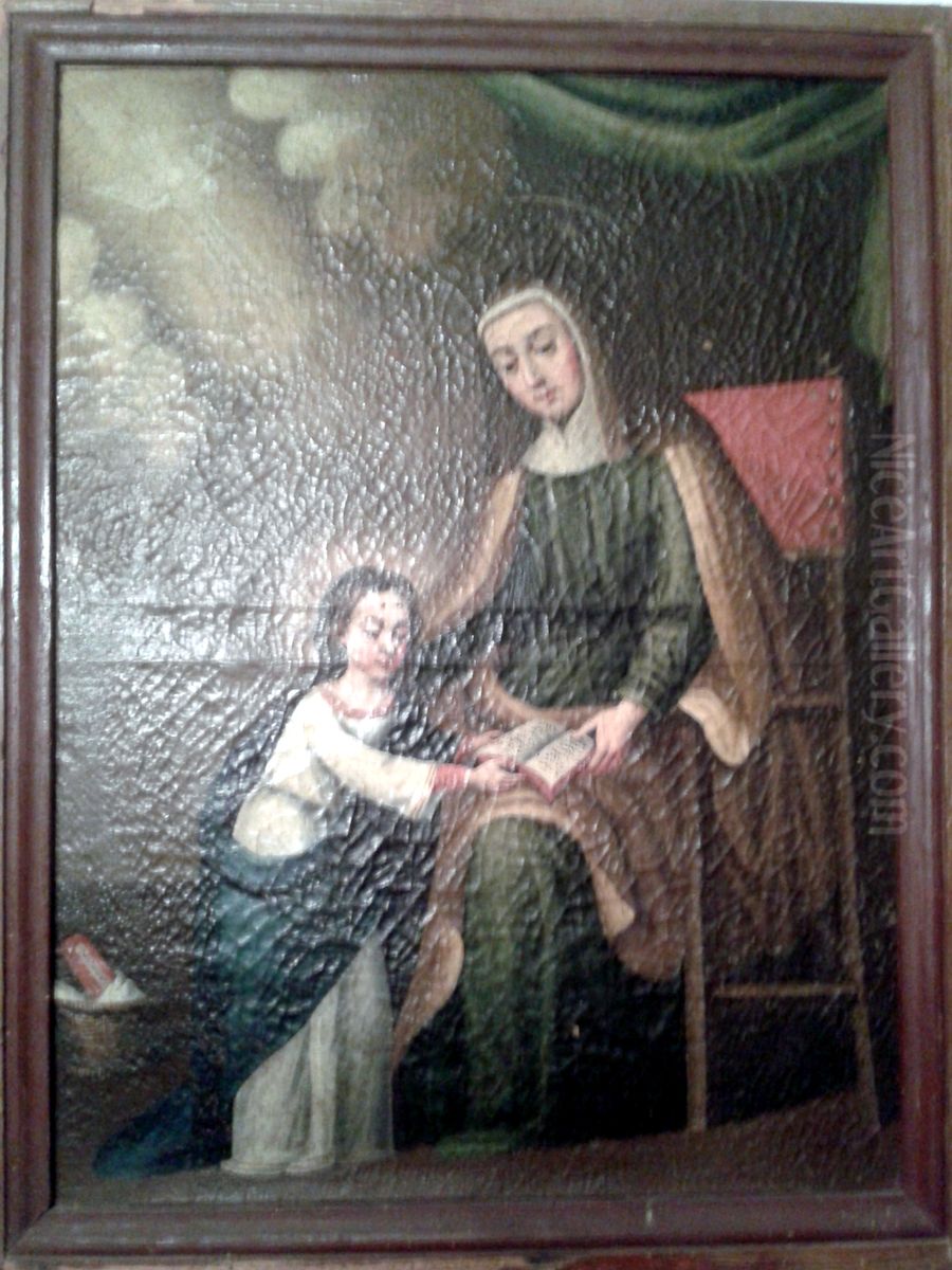 Santa Ana ensenando leer a la Virgen Oil Painting by unknown