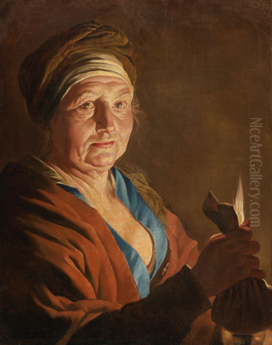 An Old Woman Holding a Purse by Candlelight Oil Painting by Matthias Stom