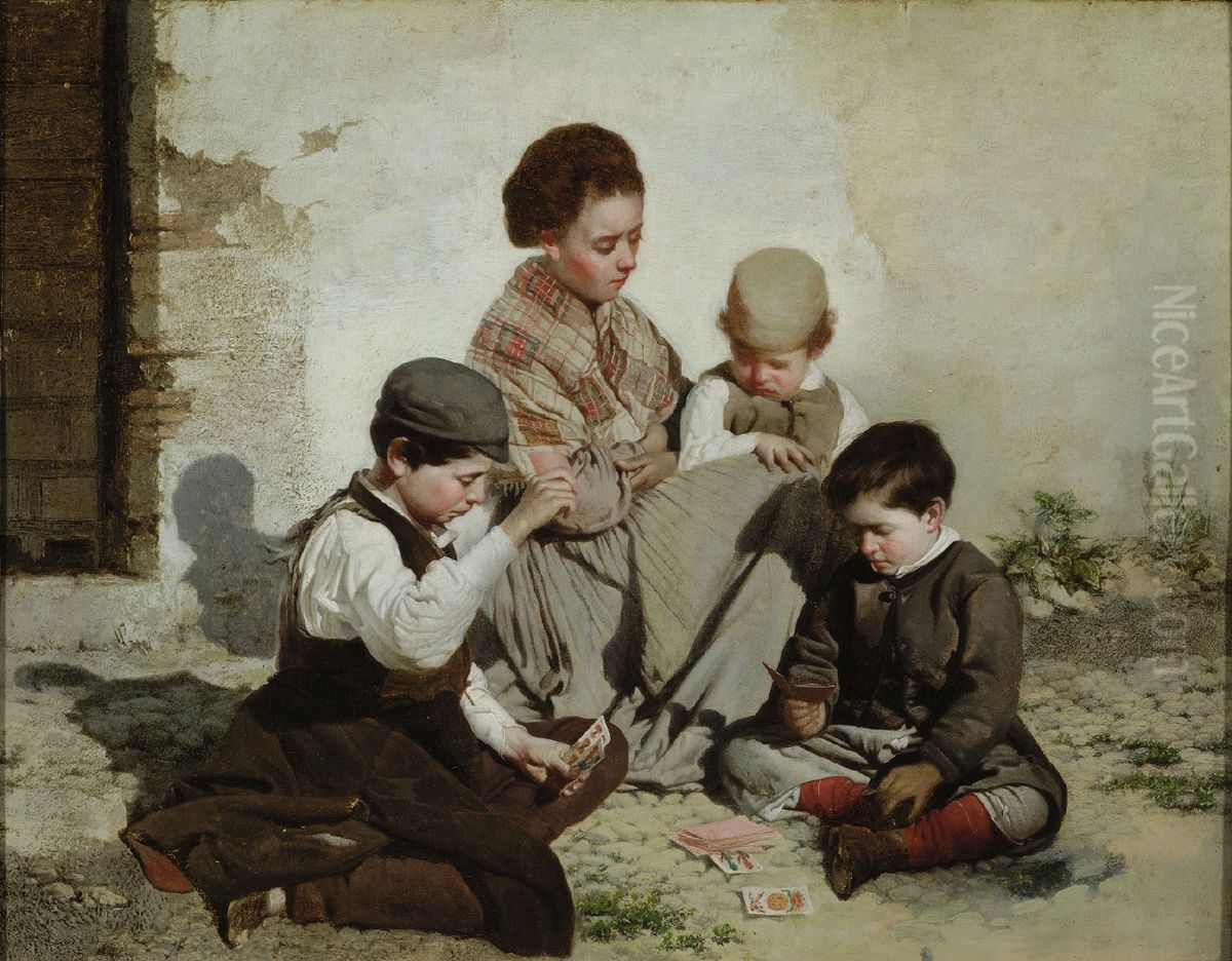 Chicos jugando a las cartas Oil Painting by Rafael Romero Barros