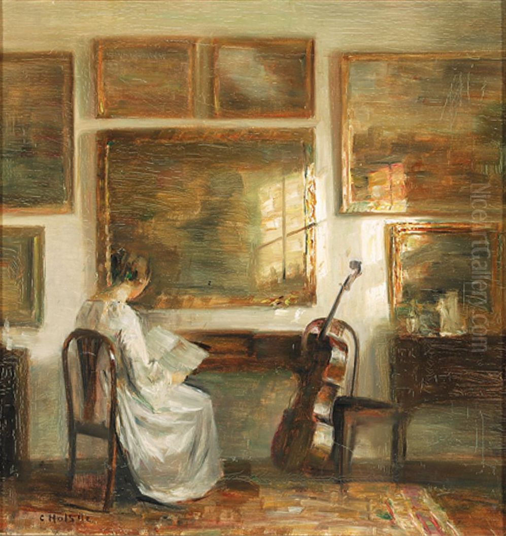 Dame am Tisch mit einem Cello Oil Painting by Carl Holsoe