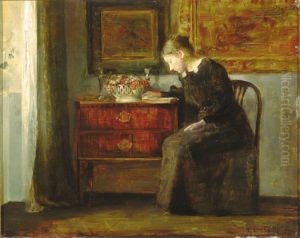 Interior with the artist's wife reading a book by the window.