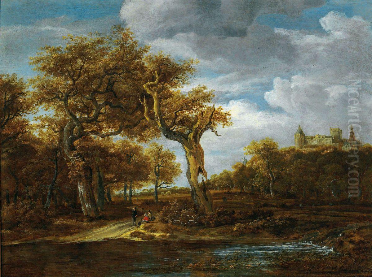 Wooded landscape with Two Large Oaks and a View of Bentheim Castle Oil Painting by Meindert Hobbema