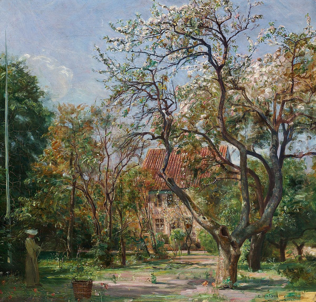 House in a garden with fruit trees in bloom Oil Painting by Carl Holsoe