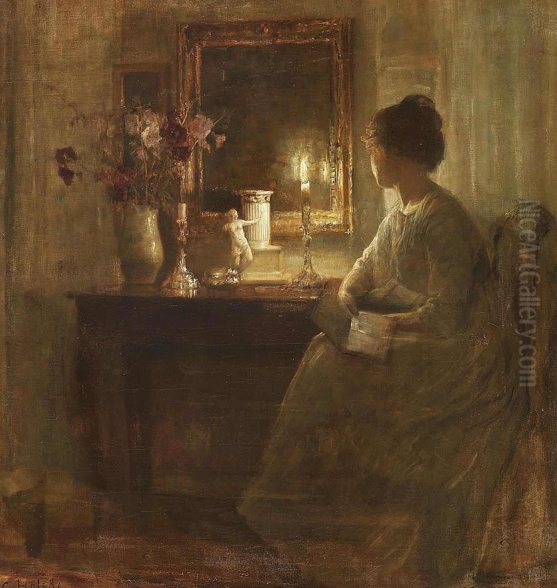 Interior med siddende kvinde i stearinlysets skaer Oil Painting by Carl Holsoe