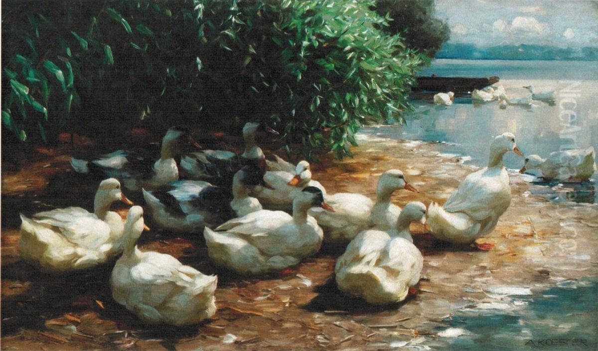 Ducks at Lakeshore Oil Painting by Alexander Koester