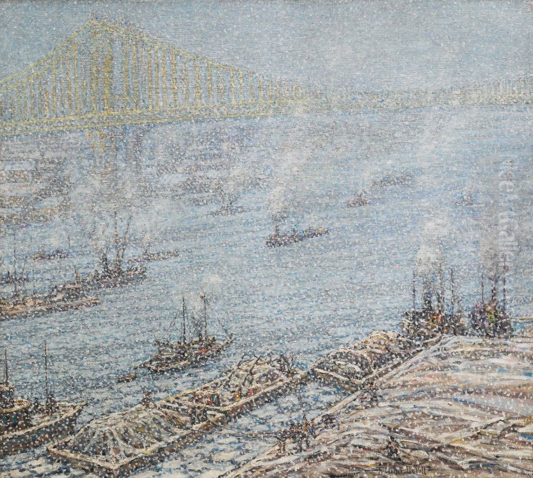 East River, New York, Winter (from Brooklyn Bridge) Oil Painting by unknown