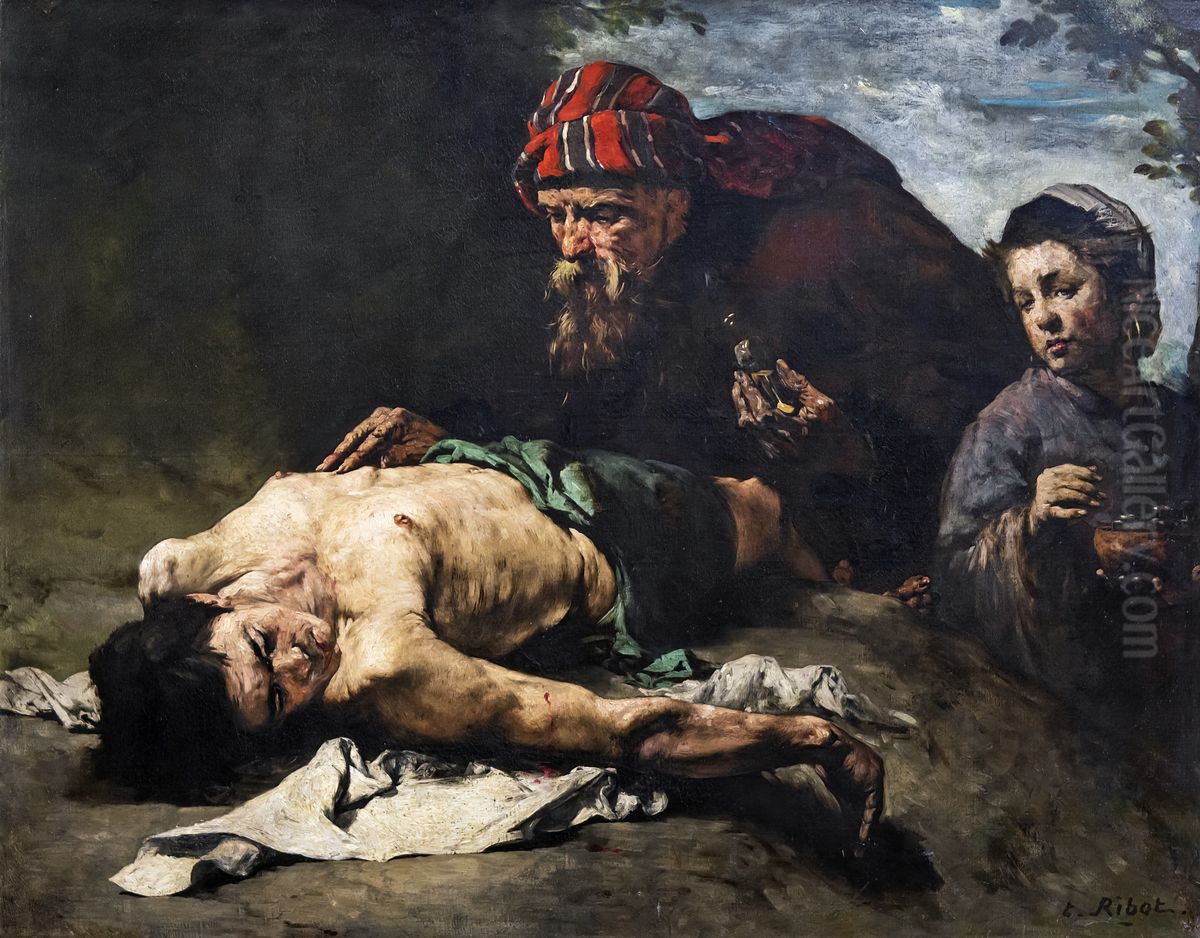 The Good SamaritanFrancais:Le Bon SamaritainItaliano:Il Buon Samaritano Oil Painting by Augustin Theodule Ribot