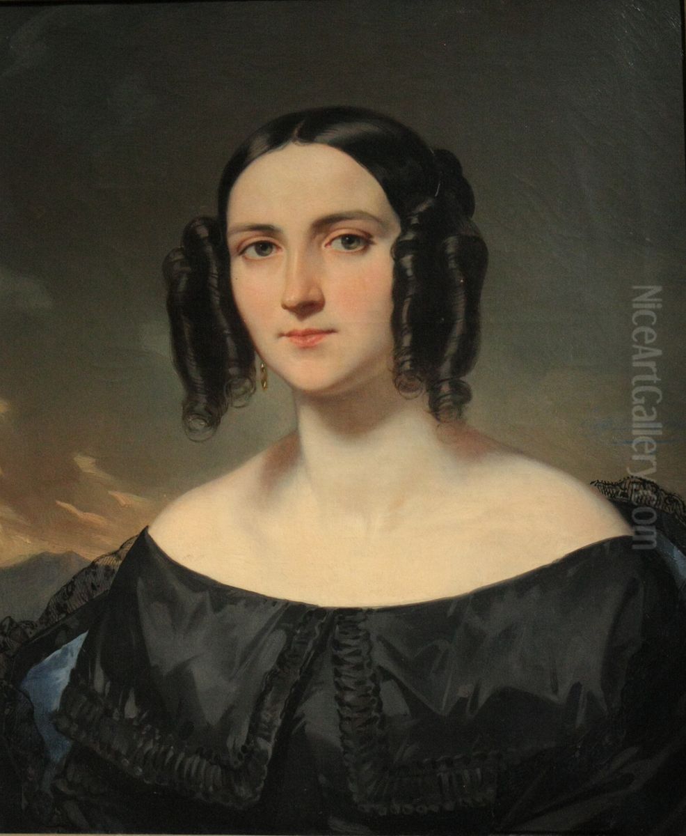 Portrait d'Octavie Courcier, nee Deveria (1804-1887) Oil Painting by Eugene Francois Marie Joseph Deveria