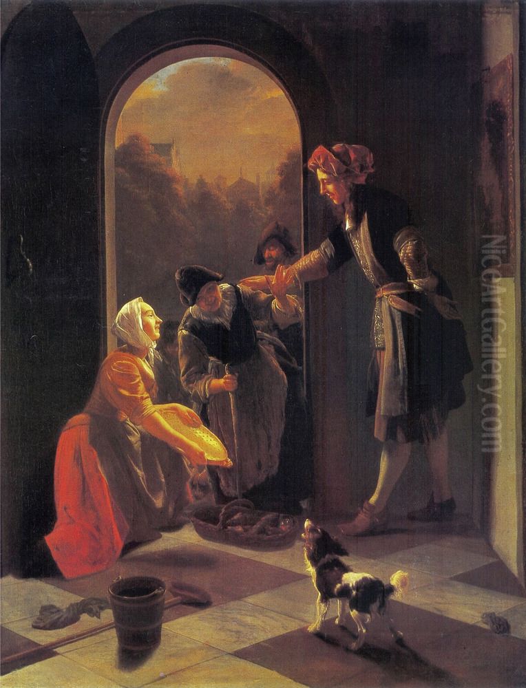 Buying Fish Oil Painting by Jacob Ochtervelt